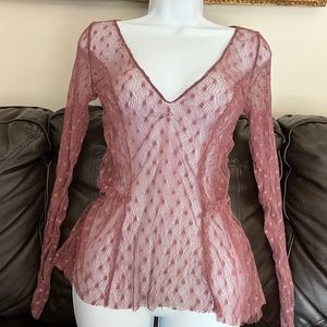 FREE PEOPLE - Long Sleeve Mesh Polka Dot Blouse (Dark Pink)